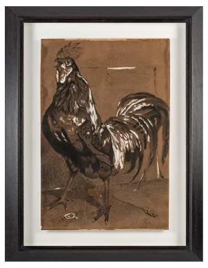 Brown & Black Rooster, 20th-Century, Pencil on Paper, Framed