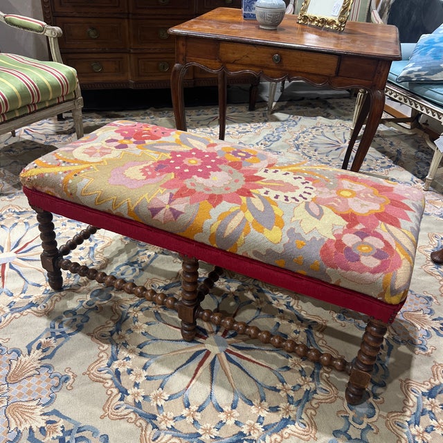 Antique Bench Bobbin Leg With Needle Point and Velvet Upholstery