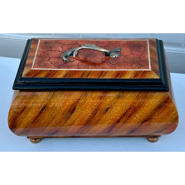 Vtg. Painted Wood & Composite Transitional Bombay Shaped Box W/Faux Burl Finish For Sale - Image 13 of 13
