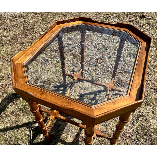 Traditional Lane Furniture Accent Table Maple Wood Octagon Beveled Glass Top Faux Bamboo For Sale - Image 3 of 7