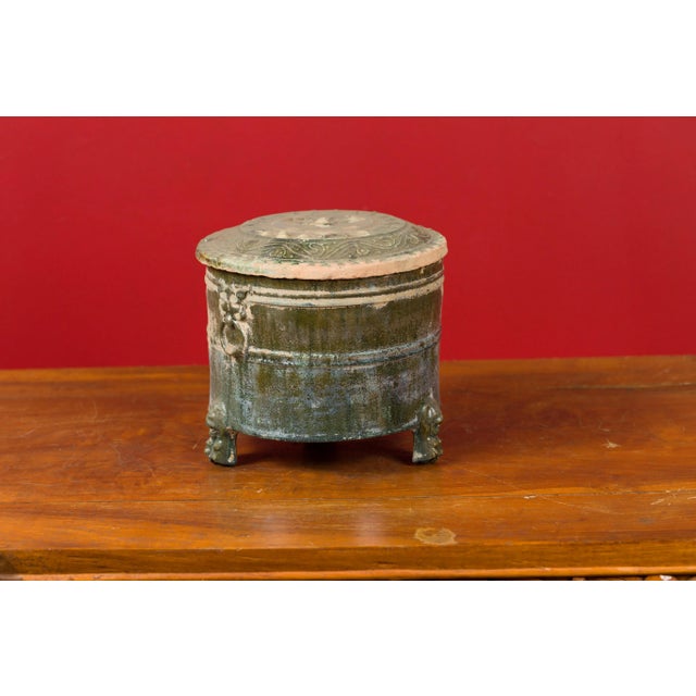 202 BC Chinese Han Dynasty Glazed Terracotta Lidded Vessel with Feet For Sale In New York - Image 6 of 13