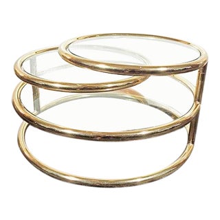 1970s Mid Century Modern Rotating Gold and Glass Coffee Cocktail Table For Sale
