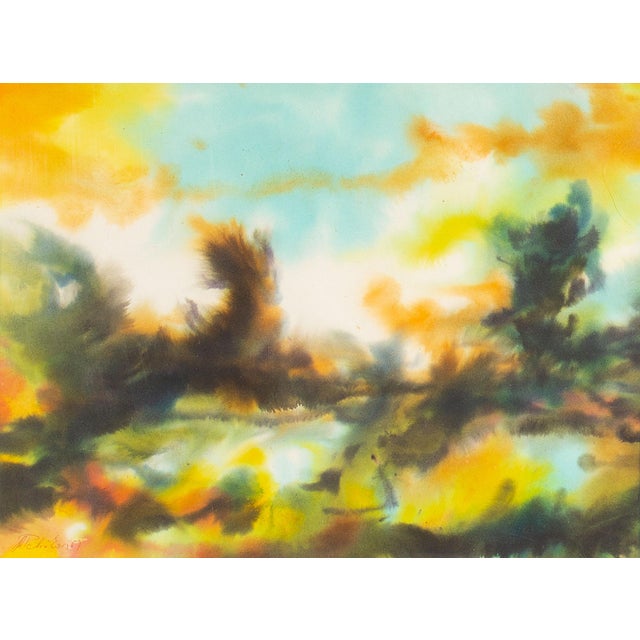 A 1967 watercolor landscape painting by A. Pocheron. This abstract work depicts an ethereal landscape under a pale blue...
