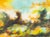 A 1967 watercolor landscape painting by A. Pocheron. This abstract work depicts an ethereal landscape under a pale blue...