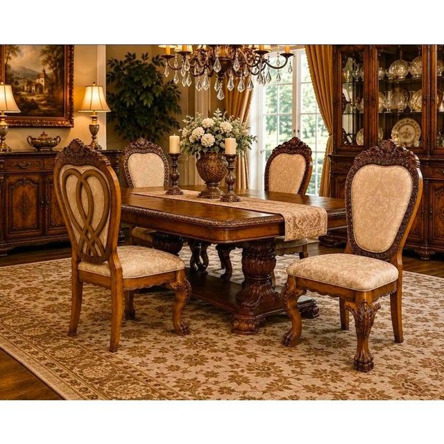 Elevate your dining room with this elegant set of four Louis XV style dining chairs featuring beautifully hand-carved...
