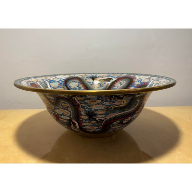 Sky Blue Imperial Chinese Five Clawed Dragon Motif Cloisonné Bowl For Sale - Image 8 of 12
