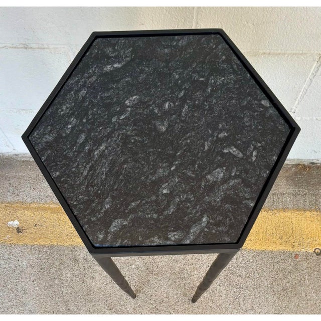 Stylish Modern Iron and Black Stone Hexagonal Aviary Drinks Table, showroom floor sample