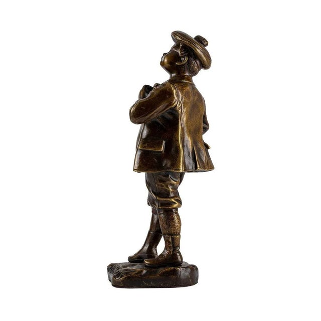 French 1910s "Je M'En Fous" Bronze Sculpture of a Boy Signed Picciole With Foundry Coin Mark For Sale - Image 3 of 9