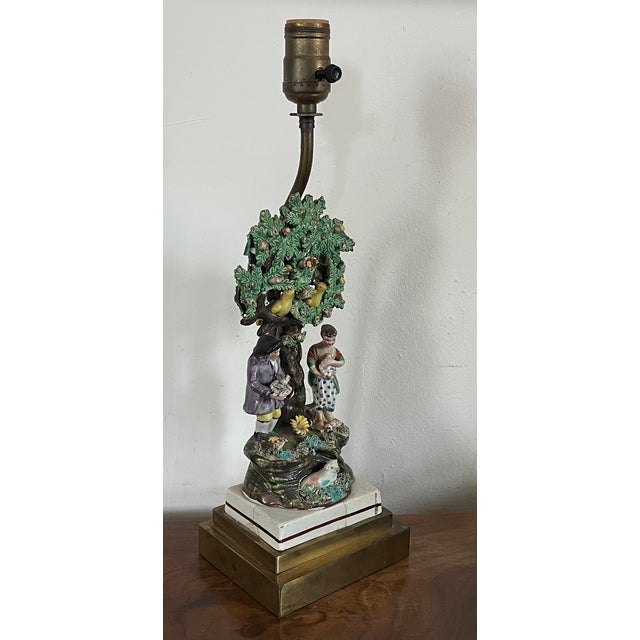 Green Antique Early 19th Century English Staffordshire Figure of a Georgian Couple With Dovecote Tree Mounted as a Table Lamp For Sale - Image 8 of 12