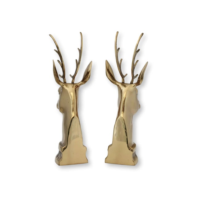 Mid 20th Century Polished Brass Stag’s Head Bookends / Mantle Ornaments For Sale - Image 5 of 6