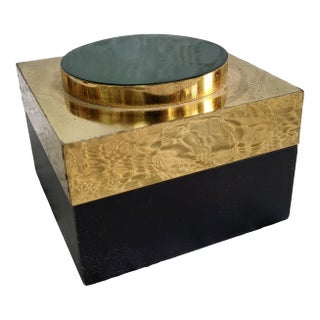 Finish Pottery Barn Decorative Wooden Box With Black, Green & Gold Leaf For Sale