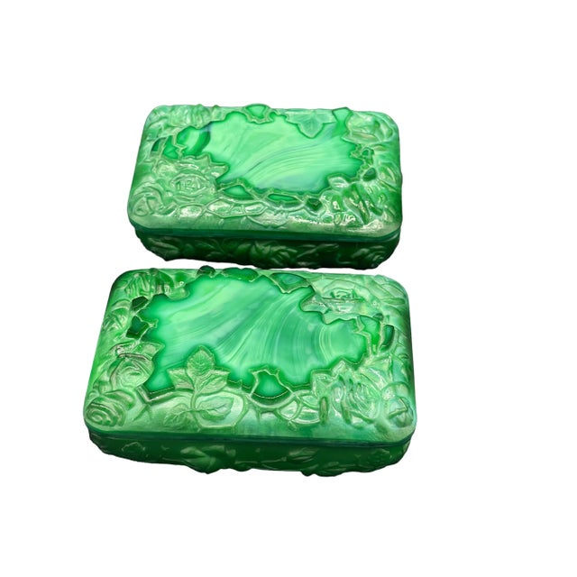 Glass Vintage Malachite Glass Carved Trinket Boxes - a Pair For Sale - Image 7 of 7