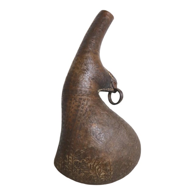 Antique 1700's Middle Eastern Leather Wrought Iron Camel Water Shot Flask Jug For Sale