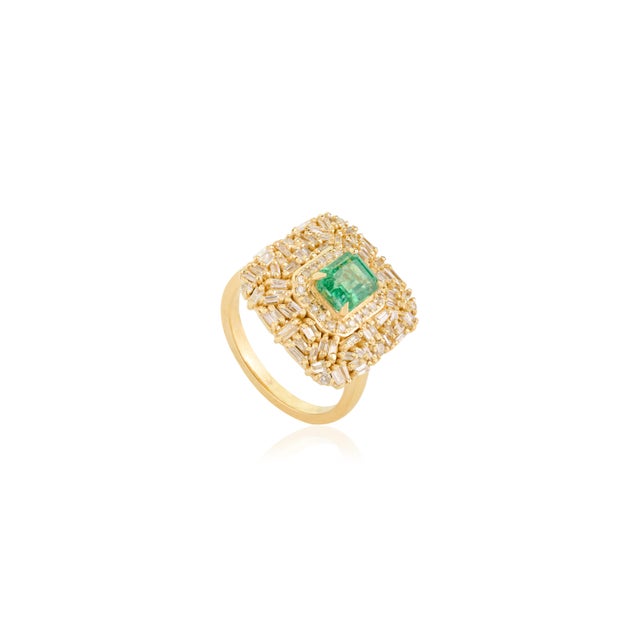 Art Deco 14k Gold Vintage Cocktail Ring With Emerald & Diamonds Size 6.5 For Sale - Image 3 of 12