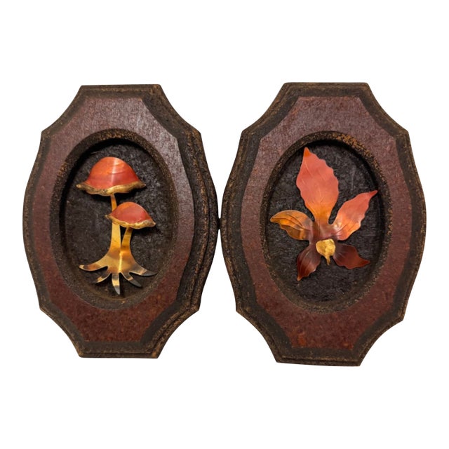 Vintage 3d Mushroom and Leaf Wood Wall Art Plaques Set 2 MCM Nature Metal Decor For Sale