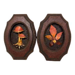 Vintage 3d Mushroom and Leaf Wood Wall Art Plaques Set 2 MCM Nature Metal Decor