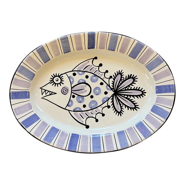 Vintage MCM Deruta Italian Pottery Hand Painted Whimsical Fish Platter For Sale