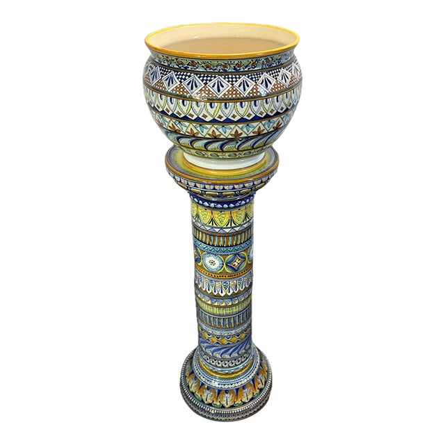 Franco Mari Deruta Hand-Painted Italian Maiolica Jardinière and Pedestal For Sale
