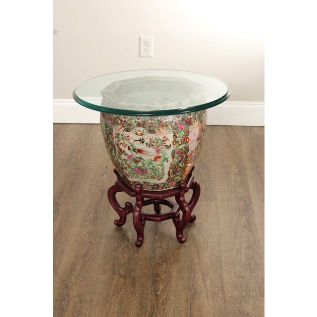 High Quality Vintage Famille Rose Fishbowl Planter Mounted on Hardwood Stand, with Round Glass Top