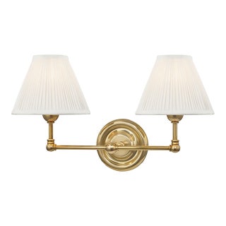 Mark D. Sikes 2 Light Classic Wall Sconce, Aged Brass, Natural Shade For Sale