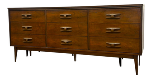Vintage Mid Century Modern Bassett Furniture Walnut Triple Dresser Credenza.