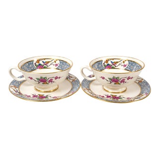 Vintage Lenox Ming P-16 Bird and Floral Footed Teacups and Saucers Set of 2 - 4 pcs For Sale