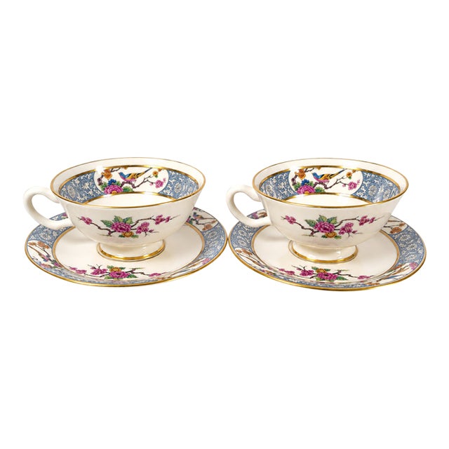 Vintage Lenox Ming P-16 Bird and Floral Footed Teacups and Saucers Set of 2 - 4 pcs For Sale