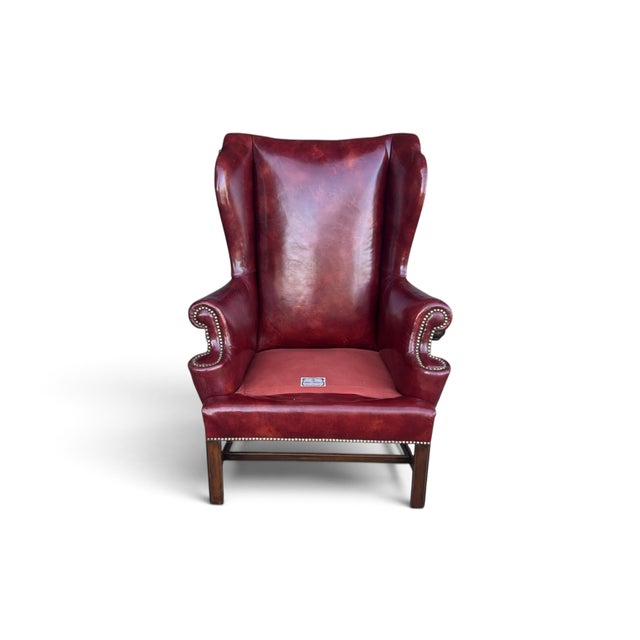 1960s Vintage Burgundy Leather Wingback Chair With Brass Nailhead Trim by Baker For Sale - Image 5 of 18