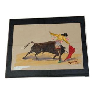 Vintage Angel Zapata Original Painting 1956 Bullfighting Matadora Watercolor Signed For Sale