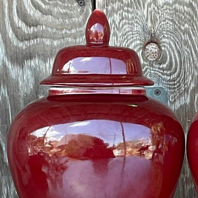 Ceramic Vintage Asian “Sang De Boeuf” Glazed Ceramic Ginger Jar Urns - a Pair For Sale - Image 7 of 12