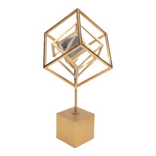 Gold Geometric Sculpture Uttermost Venya 18784 Rotating Cubes & Mirror on Stand For Sale