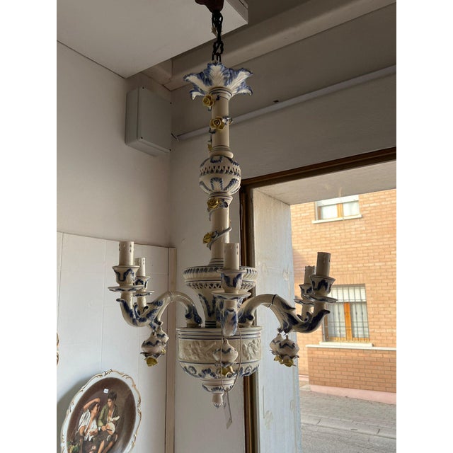 Blue and White Decorated Ceramic Chandelier, 1960s For Sale - Image 4 of 10
