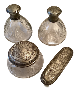 Art Nouveau Liberty Dressing Table Set in 800 Silver and Glass, 1890s, Set of 4
