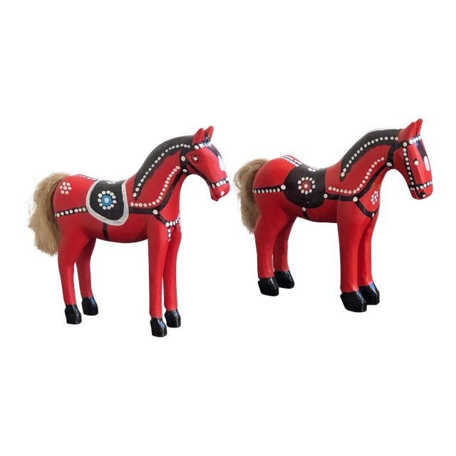 Vintage Handcrafted European Wooden Folk Art Horses — a Pair For Sale