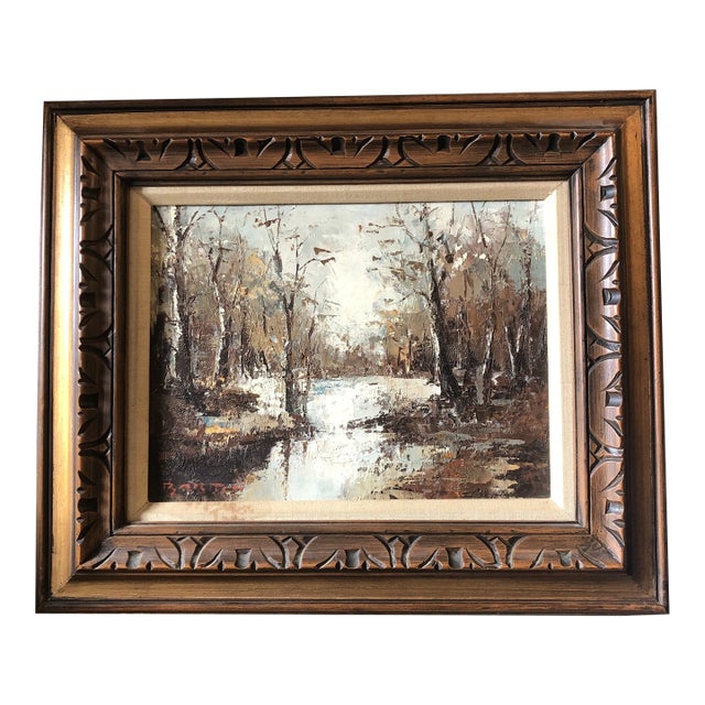 Original Vintage Signed Barton Impressionist Snow Scene Landscape Painting Original Mid Century Frame For Sale