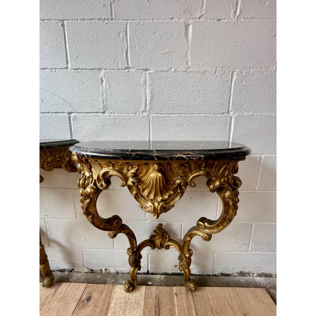 Black Pair Italian Rococo Revival Giltwood Wall Consoles With Black Marble Tops For Sale - Image 8 of 10