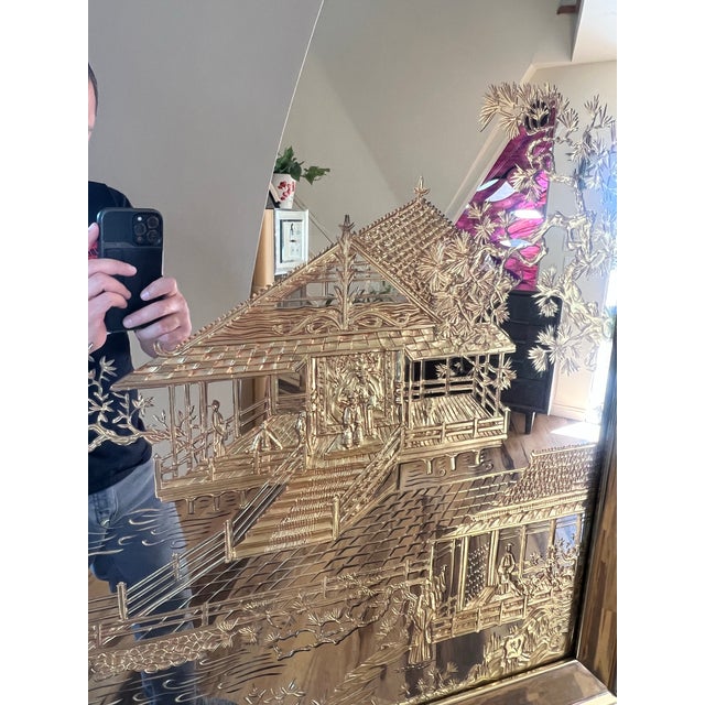 Vintage Mid Century Modern 1980s Hollywood Regency Asian Eglomise Asian Motif Gold Gilding Wall Mirror For Sale - Image 10 of 10