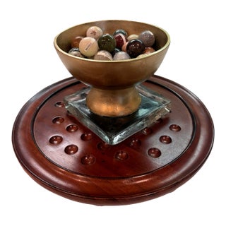 European Handcrafted Solitaire Game With Semi Precious Stone Marbles & Gilt Pedestal Bowl For Sale