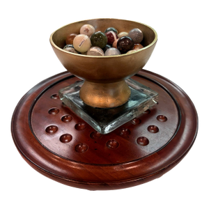 European Handcrafted Solitaire Game With Semi Precious Stone Marbles & Gilt Pedestal Bowl