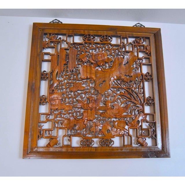 Antique Camphor Wood Screen Chinese Jumu Panel Lotus and Birds Openwork For Sale In Salt Lake City - Image 6 of 10