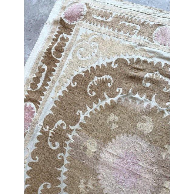 Hand-Embroidered Neutral Tan Suzani Wall Hanging Decor 5'2'' X 5'4'' For Sale In New York - Image 6 of 9