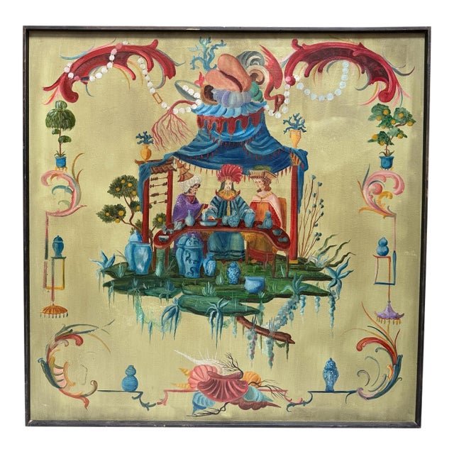 Tony Duquette Style Chinoiserie Oil Painting on Canvas For Sale
