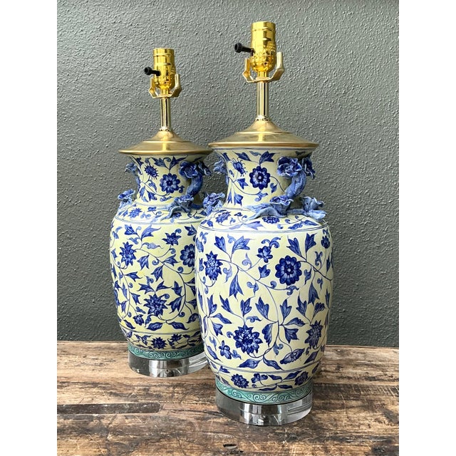 Vintage Asian Blue and White Floral Lamps - A Pair For Sale In West Palm - Image 6 of 12