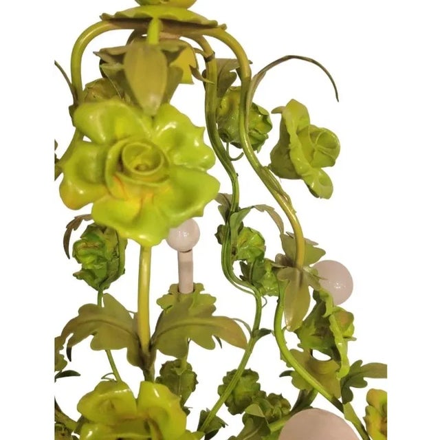 Chelsea House Inc Vintage Tole Chinoiserie Italian Painted Lime Pale Green Rose 5 Light Chandelier For Sale - Image 4 of 10