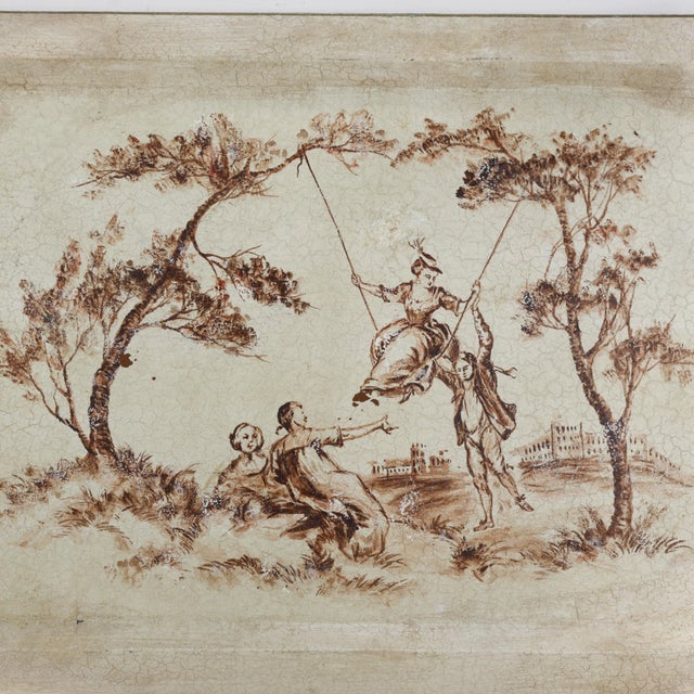 Vintage Hand Painted Tole Tray Cream With Sepia Rococo Garden Swing Scene Rectangular Serving Tray For Sale - Image 4 of 13