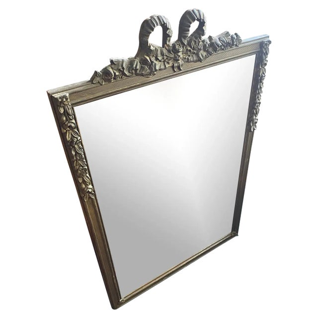 Antique 1920s French Ribbon Cartouche Carved Wood Wall Mirror For Sale