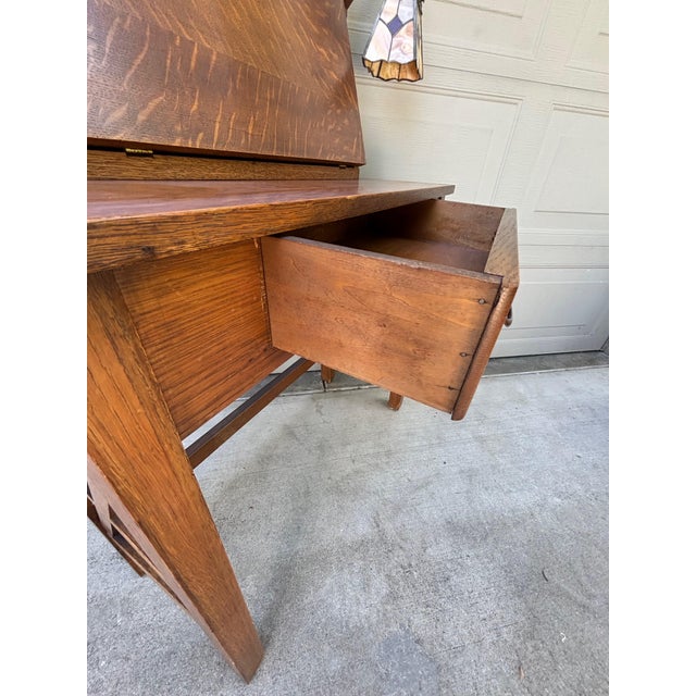 Mission Oak Art & Crafts Drop Leaf Desk Secretary With Pair Stained Glass Lamps For Sale In San Francisco - Image 6 of 14