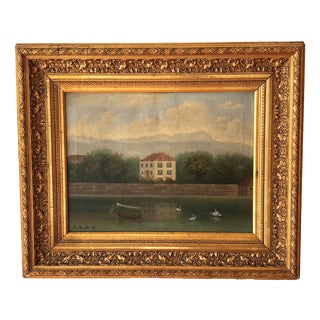 European School, Lakeside Villa with Swans, 1890s, Oil on Canvas, Framed For Sale