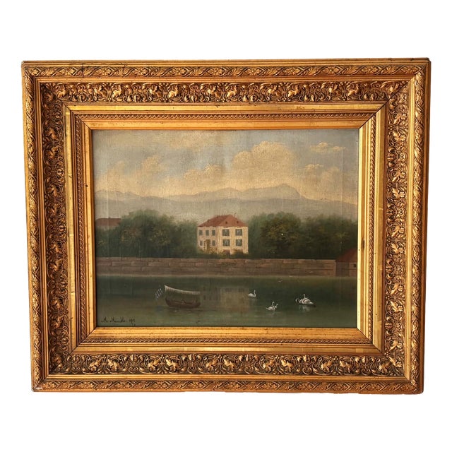 European School, Lakeside Villa with Swans, 1890s, Oil on Canvas, Framed For Sale