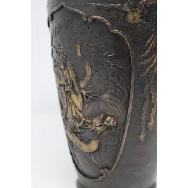 Antique Japanese Meiji Bronze Vase With Mount Fuji, Dragon & Phoenix Relief, 19th Century For Sale In Washington DC - Image 6 of 18